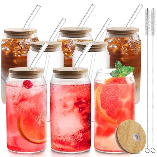 HOMBERKING Glass Cups with Bamboo Lids and Straws 8pcs Set, 20oz Cups, Beer Glasses, Iced Coffee Cups, Cute Tumbler with 2 Cleaning Brushes, Ideal for Cocktail, Whiskey, Tea, Gift - Image 1
