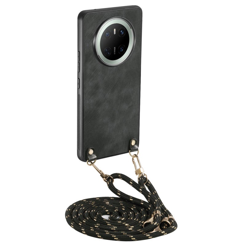 HuHa Protective Cover For Huawei Mate 70 Pro Vintage Leather PC Back Cover Phone Case with Crossbody Strap(Black) - Image 1