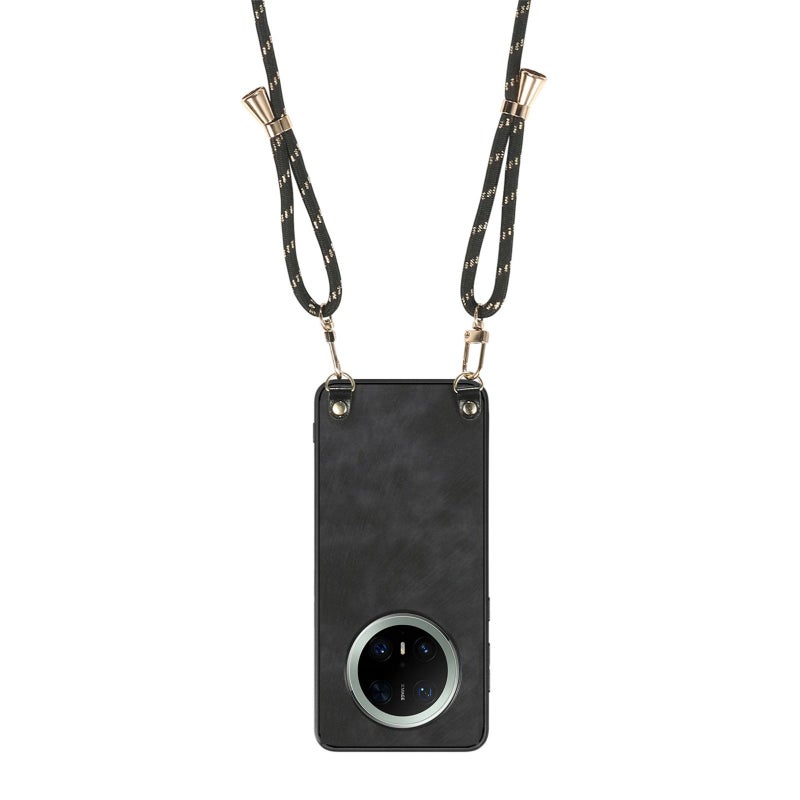 HuHa Protective Cover For Huawei Mate 70 Pro Vintage Leather PC Back Cover Phone Case with Crossbody Strap(Black) - Image 3