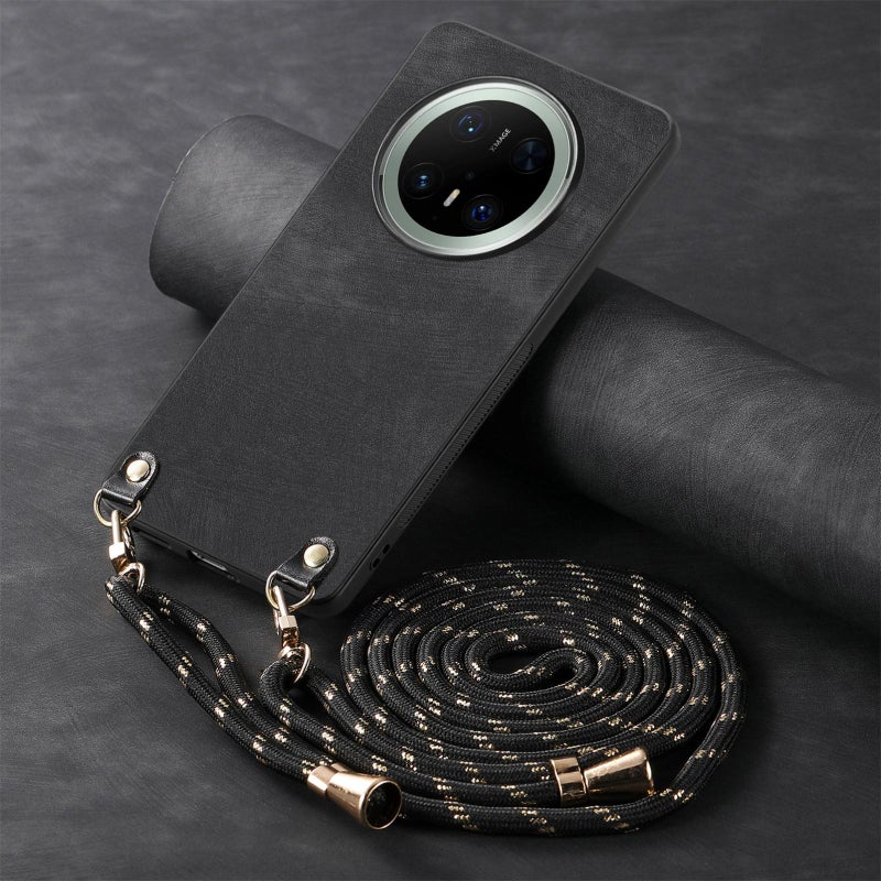 HuHa Protective Cover For Huawei Mate 70 Pro Vintage Leather PC Back Cover Phone Case with Crossbody Strap(Black) - Image 4
