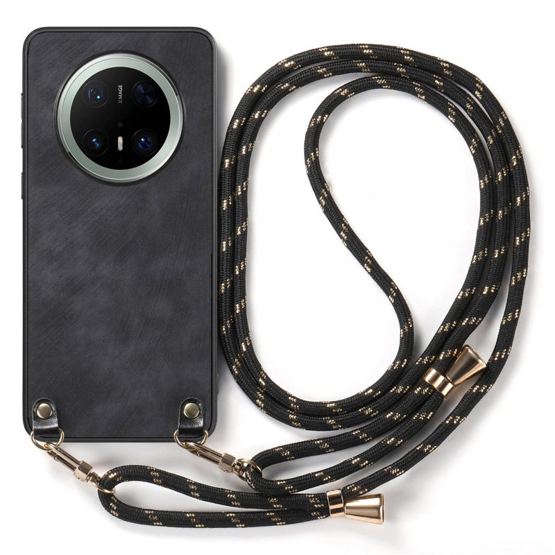 HuHa Protective Cover For Huawei Mate 70 Pro Vintage Leather PC Back Cover Phone Case with Crossbody Strap(Black) - Image 2