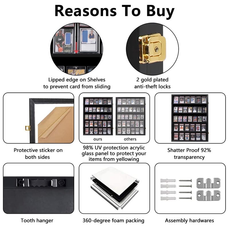 VERANI 35 Baseball Card Display Case - Graded Sports Card Display Frame - Holds Sport Cards with UV Protection Clear View Lockable Wall Cabinet for Football Basketball Hockey Trading Card Large Black - Image 5
