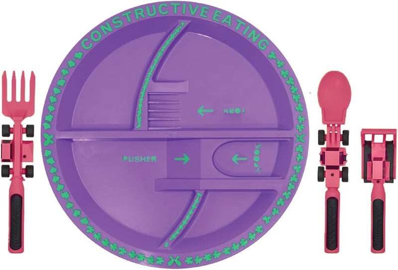 Constructive Eating Plate and Utensils Set - USA-Made Toddler Dinnerware with Divided Plates (Pink Construction) - Image 1