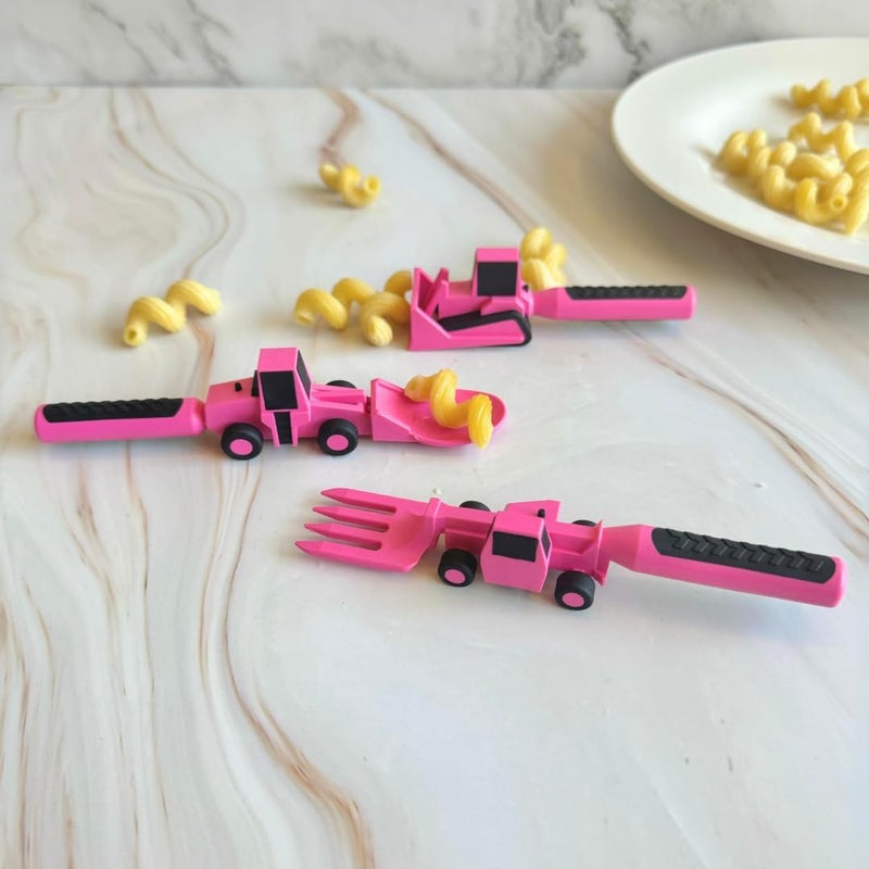 Constructive Eating Plate and Utensils Set - USA-Made Toddler Dinnerware with Divided Plates (Pink Construction) - Image 2