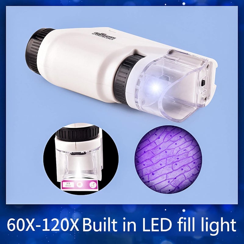 klarako Kids Handheld Microscope, High Definition 60x120x Zoom Portable Pocket Microscope with LED Light, School Biological Science Educational Toys Children Gift (Pink) - Image 4