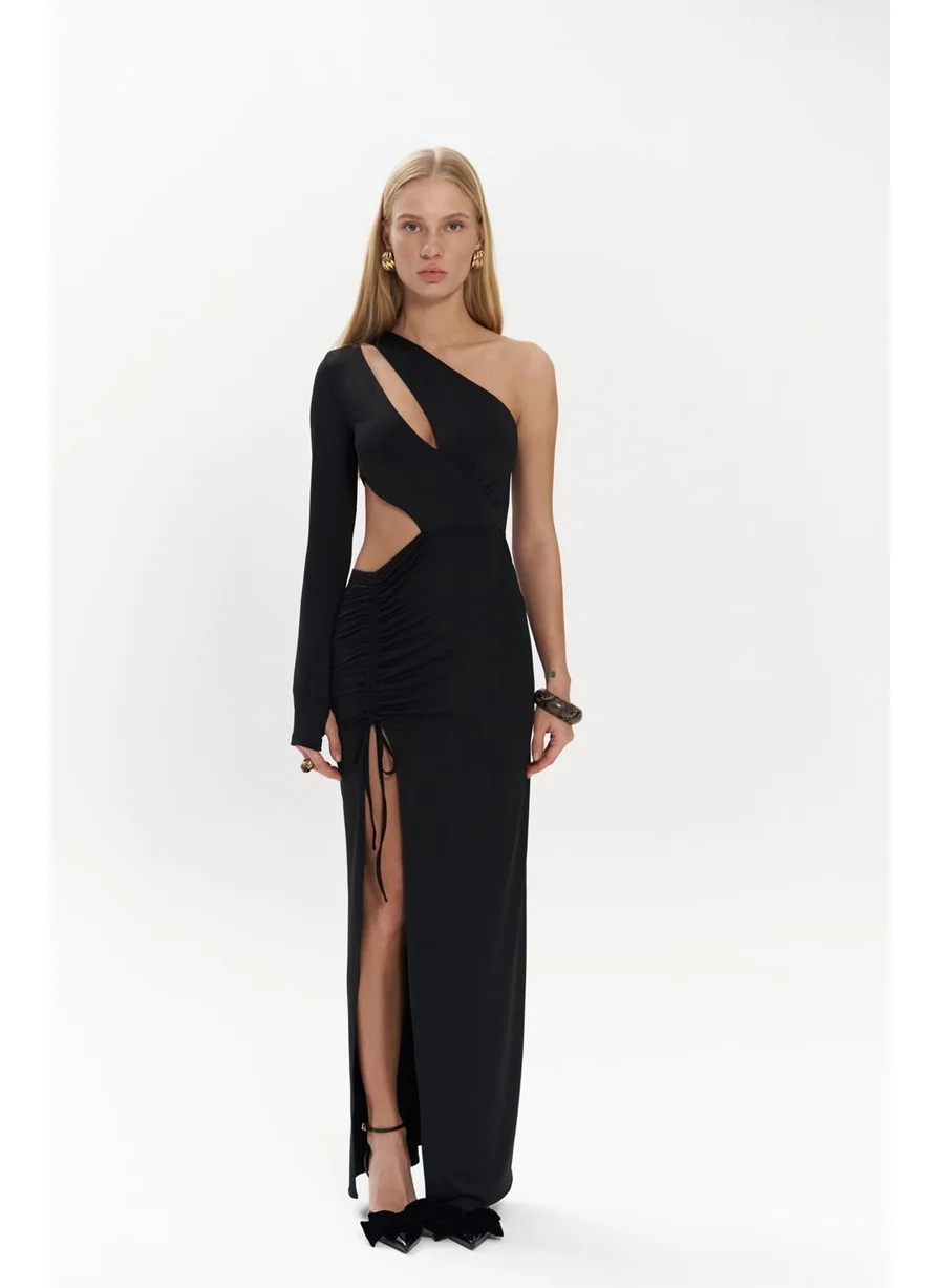 Mai Collection Merida One Shoulder Detail Black Long Dress
