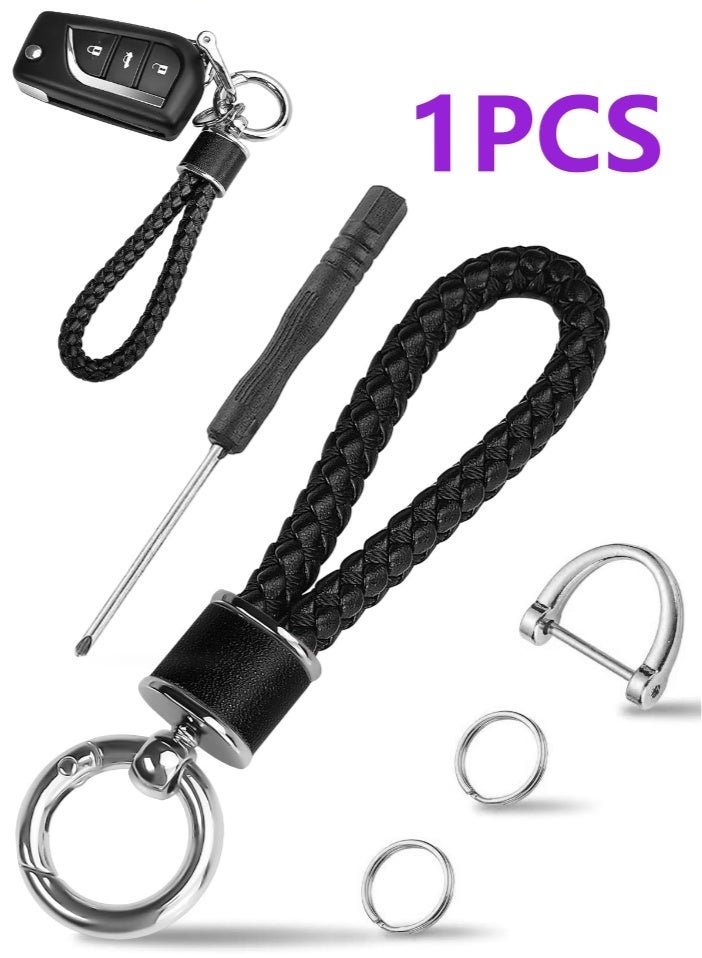 Leather woven keychain, suitable for car keychains, men's gift, with 360-degree rotating D-ring and screwdriver. - Image 1