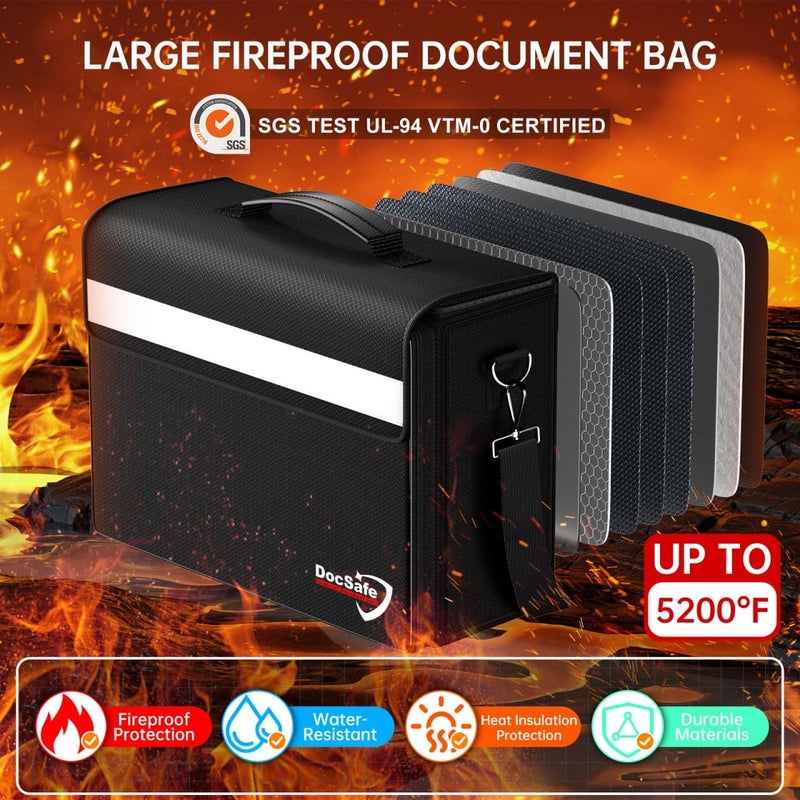 DocSafe حقيبة مستندات مقاومة للحريق مع جيوب متعددة، 5200°F كبيرة (17”x12.5”x7.2”) منظم ملفات حقيبة مقاومة للحريق وماء لحفظ المستندات المهمة في المنزل والمكتب، تخزين محمول للقيم - Image 2