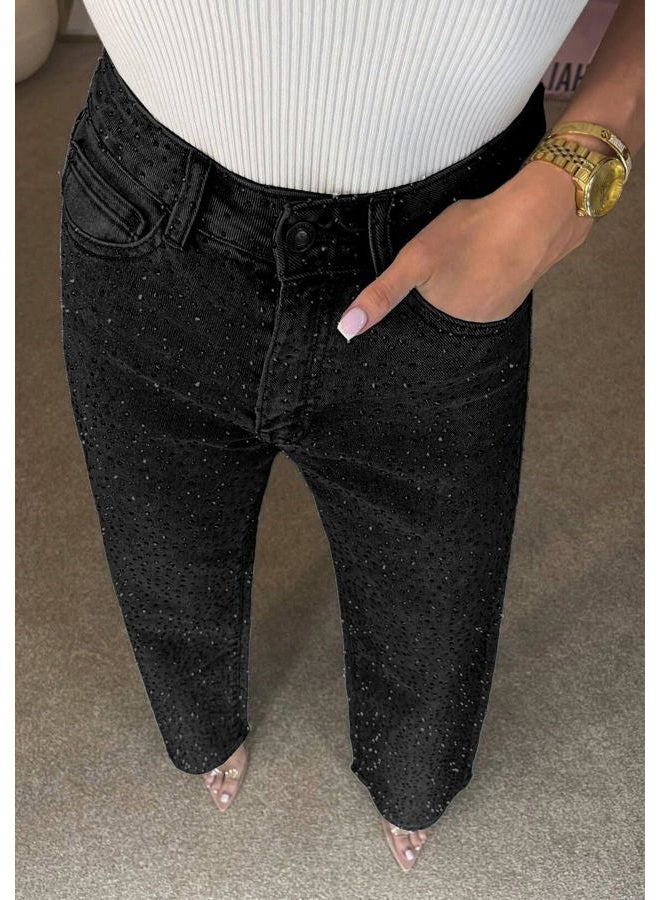 NRTHYE Womens High Waisted Rhinestone Jeans Baggy Straight Wide Leg Shiny Diamond Casual Denim Pants Trousers, Black, XL - Image 4