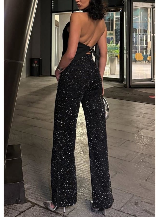 NRTHYE Womens High Waisted Rhinestone Jeans Baggy Straight Wide Leg Shiny Diamond Casual Denim Pants Trousers, Black, XL - Image 3