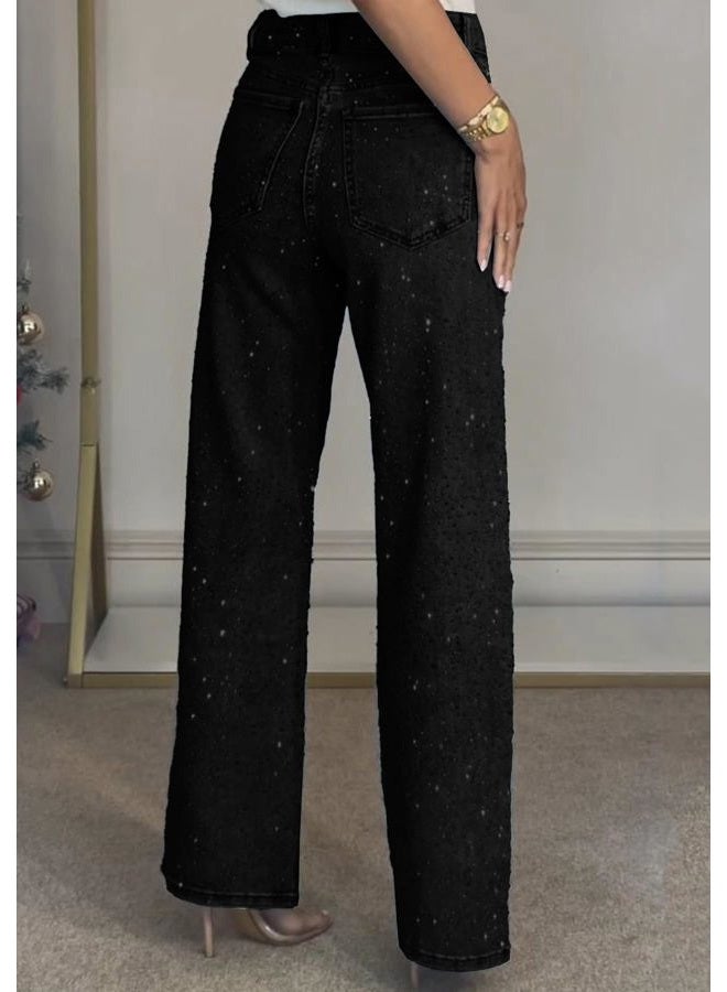 NRTHYE Womens High Waisted Rhinestone Jeans Baggy Straight Wide Leg Shiny Diamond Casual Denim Pants Trousers, Black, XL - Image 5