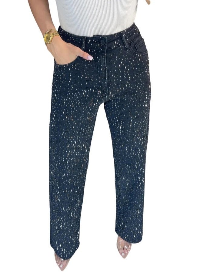 NRTHYE Womens High Waisted Rhinestone Jeans Baggy Straight Wide Leg Shiny Diamond Casual Denim Pants Trousers, Black, XL - Image 1