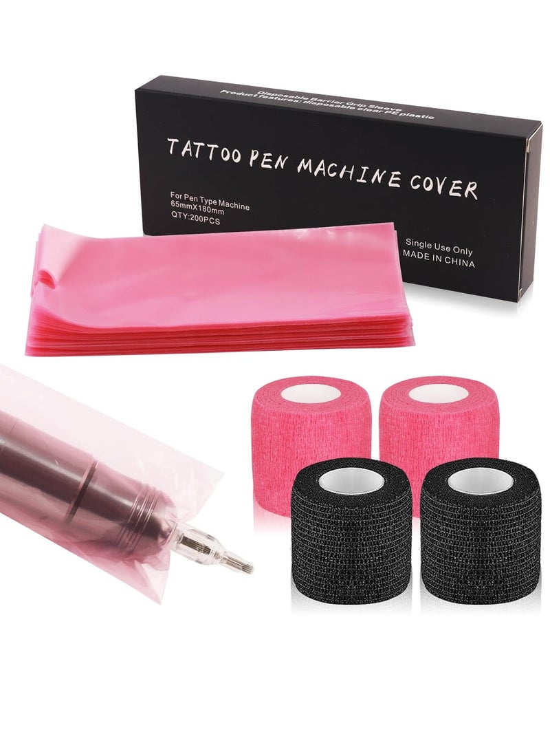 Autdor - Tattoo Machine Pen Covers with Grip Tape Wrap - Narkysus 200Pcs Large Tattoo Machine Covers Pink Tattoo Pen Bags Covers and 4Pcs Tattoo Machine Tape Grip Wrap Self-Adhesive Tape Tattoo Supplies - Image 1