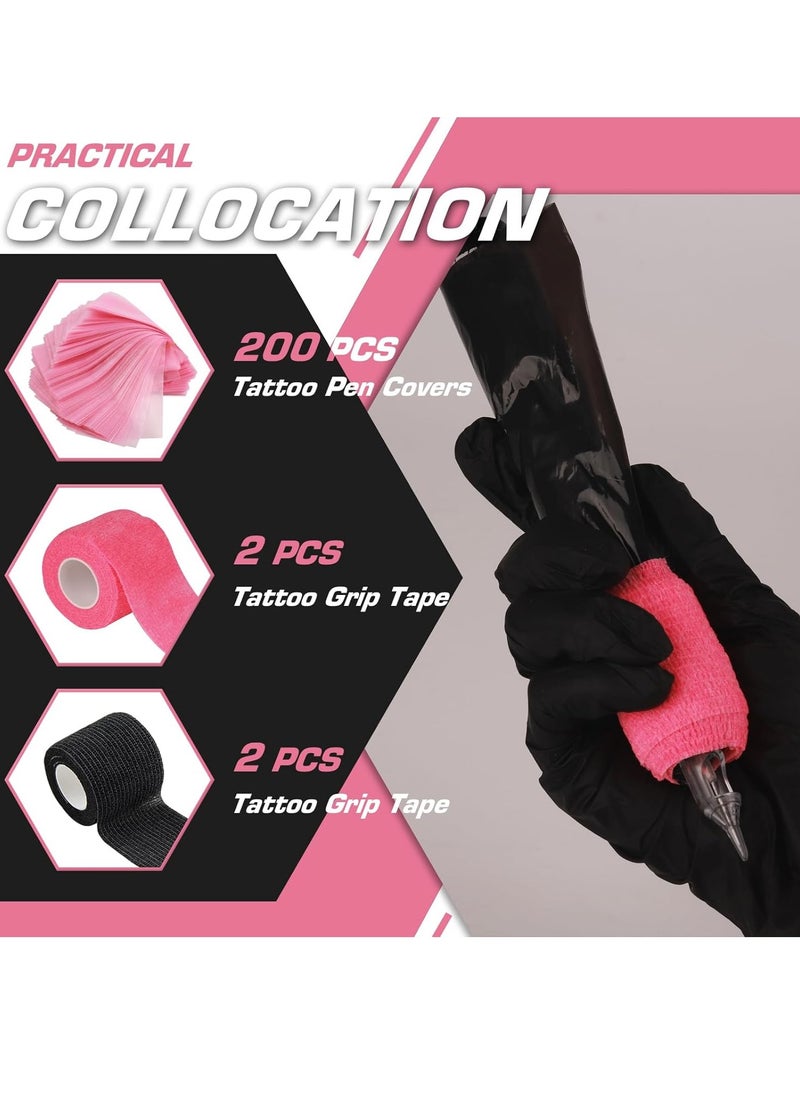 Autdor - Tattoo Machine Pen Covers with Grip Tape Wrap - Narkysus 200Pcs Large Tattoo Machine Covers Pink Tattoo Pen Bags Covers and 4Pcs Tattoo Machine Tape Grip Wrap Self-Adhesive Tape Tattoo Supplies - Image 1