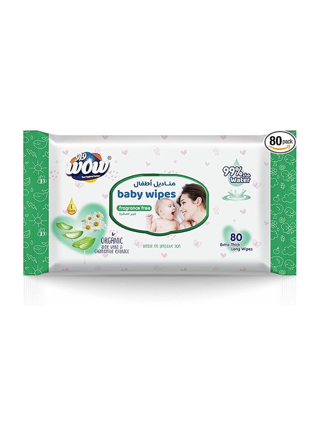 WOW Baby Wipes - Fragrance Free 99% Water Wipes | Extra Thick Long Wipes with Organic Aloe Vera, Chamomile Extract and Vitamin E, Gentle on sensitive skin| 80's Single Pack - Image 1