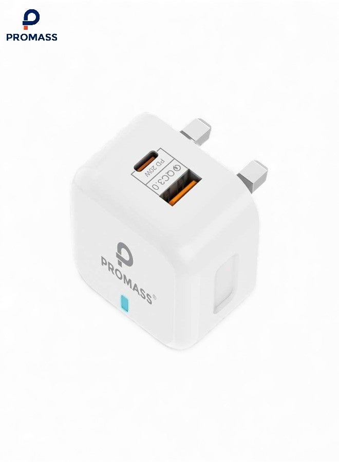 بروماس شاحن بتقنية USB، للشحن السريع منفذين 38W منفذ PD 20W و منفذ USB 18 W متوافق مع الهواتف الذكية والأجهزة المحمولة مثل ايفون وجالكسي وهواوي وغيرها، بمنفذين - Image 1