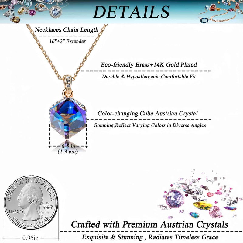 EVEVIC Color Changing Cubic Austrian Crystal Pendant Necklaces for Women 14K Gold Plated Hypoallergenic Jewelry (Blue/Rose Gold-tone) - Image 4