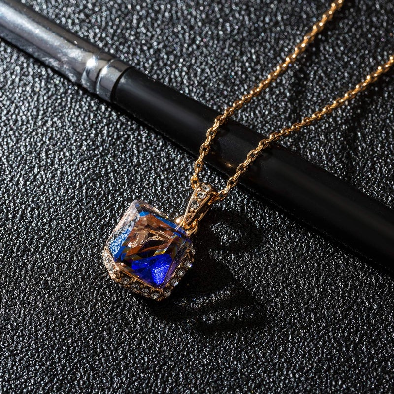 EVEVIC Color Changing Cubic Austrian Crystal Pendant Necklaces for Women 14K Gold Plated Hypoallergenic Jewelry (Blue/Rose Gold-tone) - Image 3