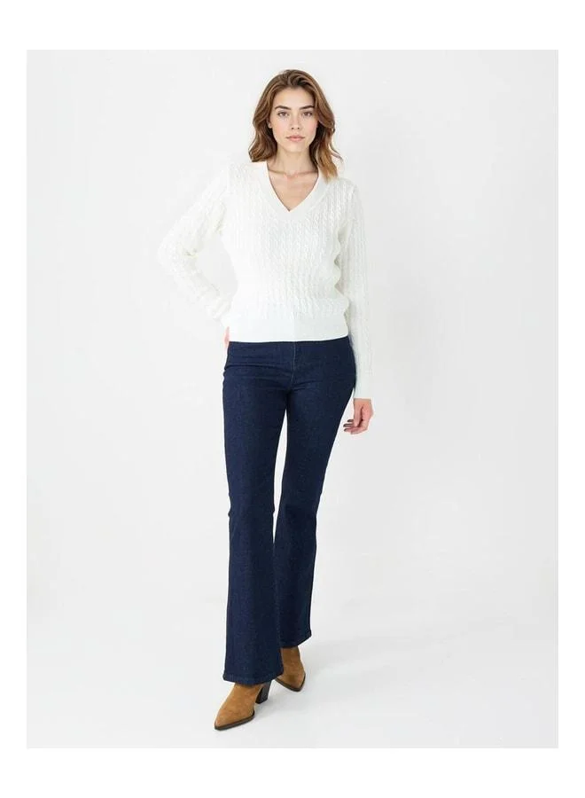 Jimmy Key Ecru V-Neck Sweater with Hair Braid Pattern