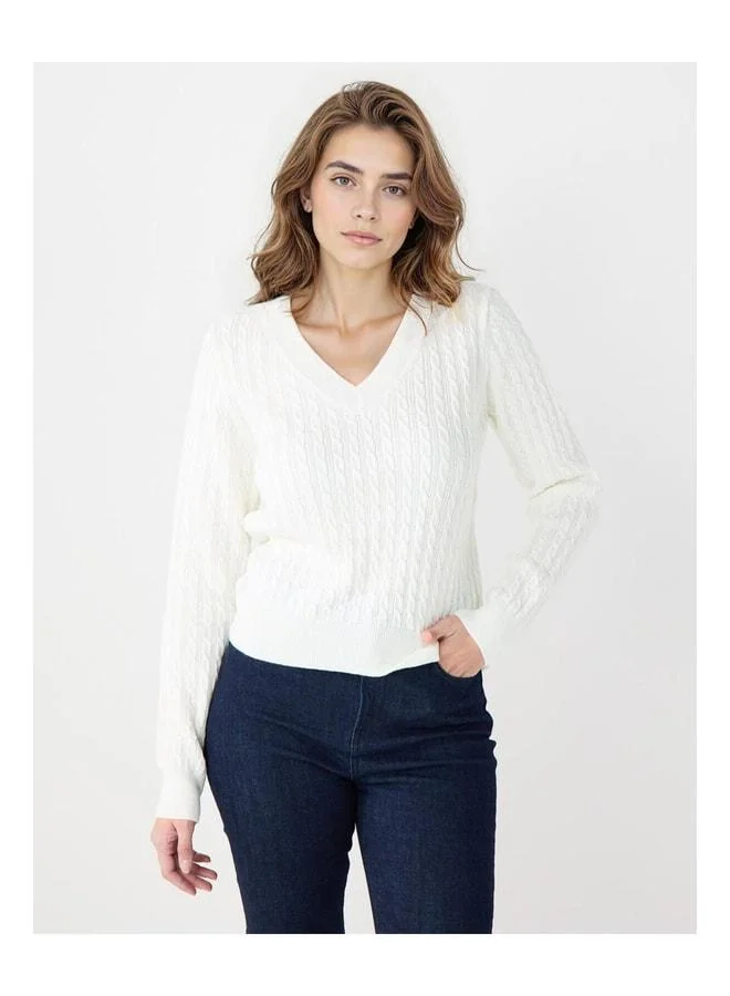 Jimmy Key Ecru V-Neck Sweater with Hair Braid Pattern