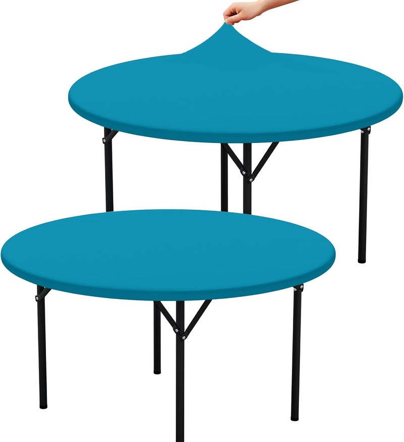 misaya 2 Packs Round Spandex Tablecloths, Stretch Elastic Tablecloth Cover Fitted for 57"-68" Round Tables, Waterproof Polyester Washable Table Cloth for Dining, Party, Outdoor and Indoor, Turquoise - Image 1