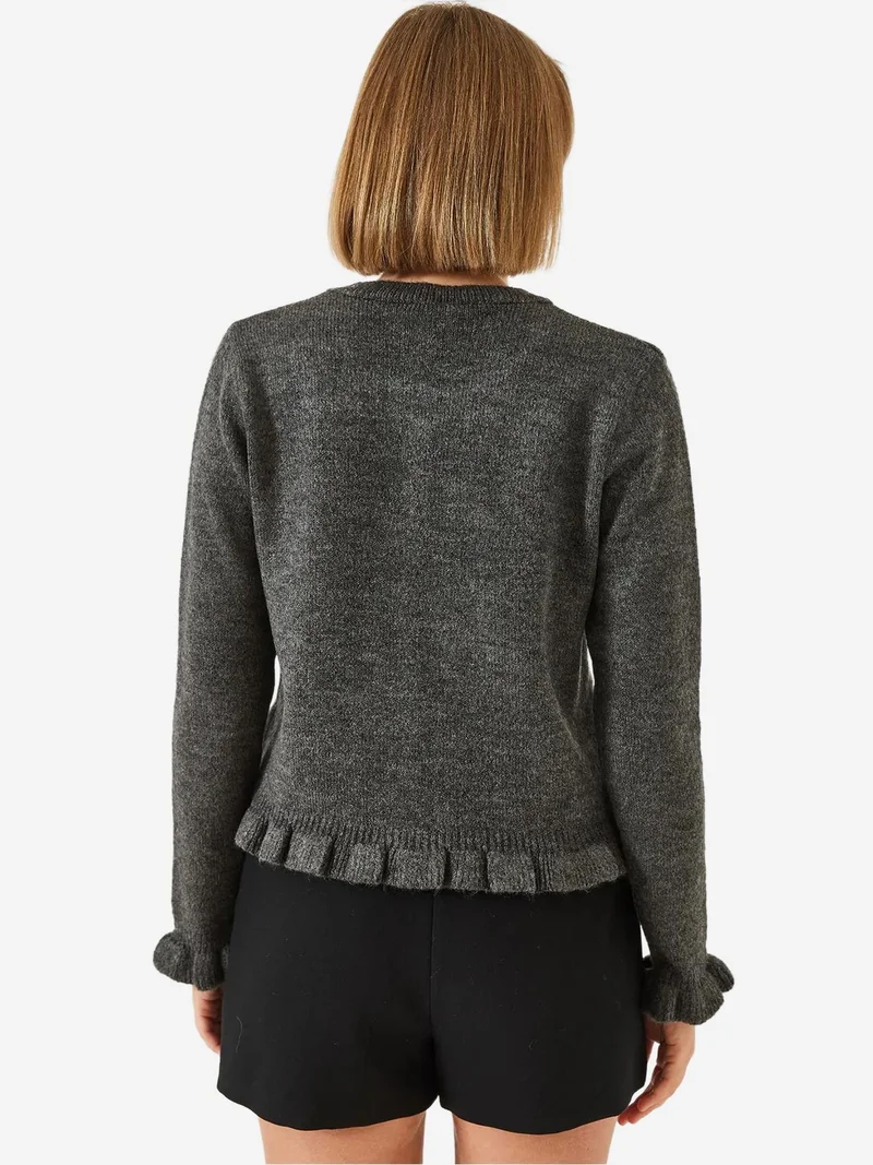 Bianco Lucci LUCCI Frilly Buttoned Cardigan with Crew Neck