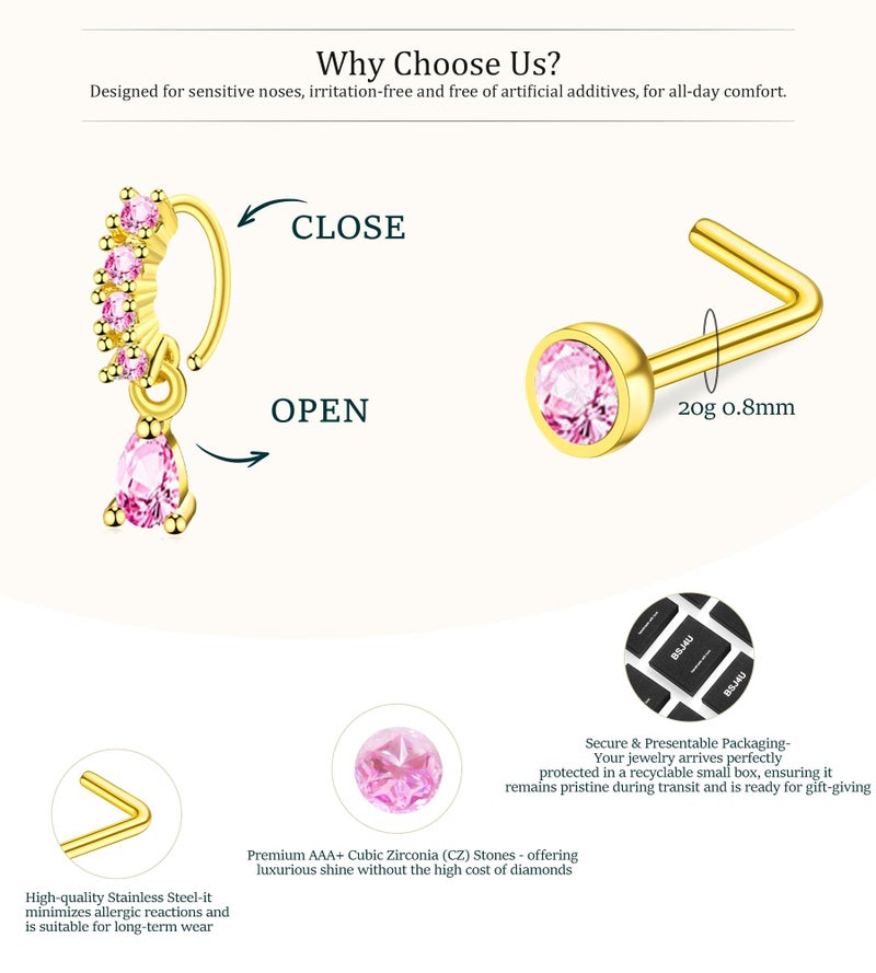 BSJ4U Gold Plated Nose Rings for Women Men Stainless Steel Hypoallergenic Nose Piercing Jewelry 20G L Shaped Corkscrew Nose Rings Hoops Heart Butterfly Flower Pink CZ Nose Studs - Image 3