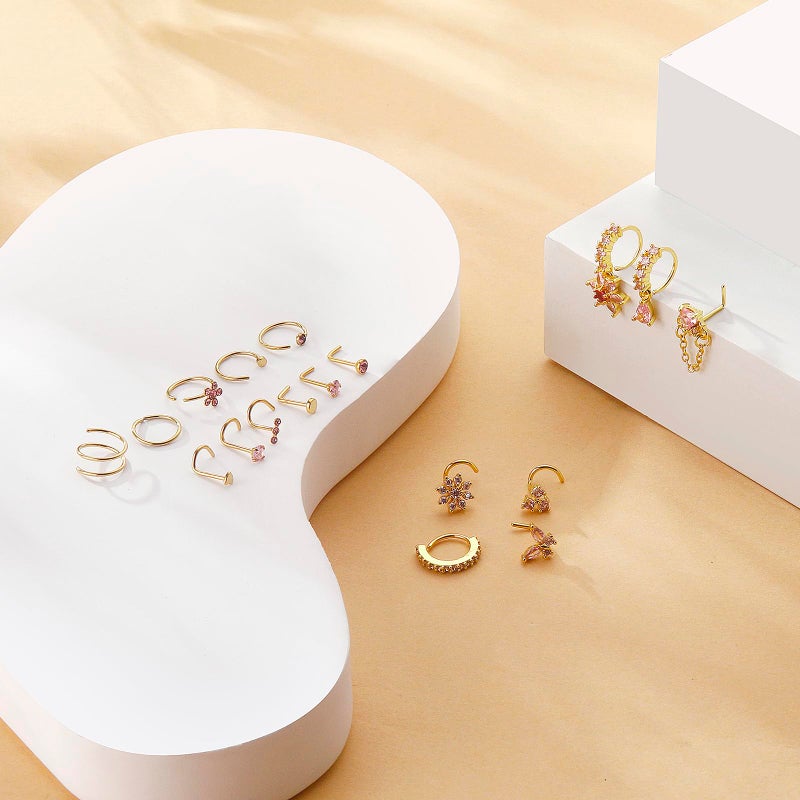 BSJ4U Gold Plated Nose Rings for Women Men Stainless Steel Hypoallergenic Nose Piercing Jewelry 20G L Shaped Corkscrew Nose Rings Hoops Heart Butterfly Flower Pink CZ Nose Studs - Image 2