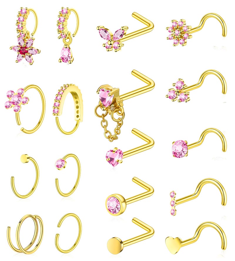 BSJ4U Gold Plated Nose Rings for Women Men Stainless Steel Hypoallergenic Nose Piercing Jewelry 20G L Shaped Corkscrew Nose Rings Hoops Heart Butterfly Flower Pink CZ Nose Studs - Image 1