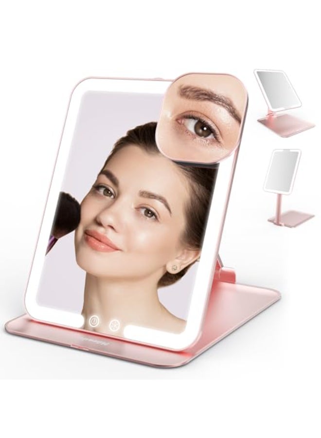 Mocado Travel Makeup Mirror with Light Tripple Folding Vanity Mirror with Lights 3 Colors Lighted Makeup Mirror 1500mAh Rechargeable Memory Function Freely Adjust Height and AngleRose Gold - Image 1