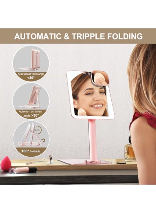 Mocado Travel Makeup Mirror with Light Tripple Folding Vanity Mirror with Lights 3 Colors Lighted Makeup Mirror 1500mAh Rechargeable Memory Function Freely Adjust Height and AngleRose Gold - Image 3