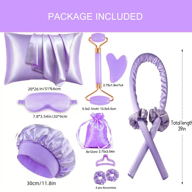 SUPHOUSE Heatless Curls Overnight Hair Curlers with Satin Pillowcase for Hair and Skin Queen Set, Sleeping Bonnet Eye Mask and Face Massager, 12pcs Hair Styling Tools Set for Sleeping(Purple) - Image 2