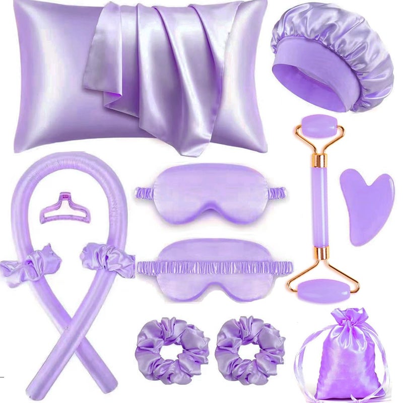 SUPHOUSE Heatless Curls Overnight Hair Curlers with Satin Pillowcase for Hair and Skin Queen Set, Sleeping Bonnet Eye Mask and Face Massager, 12pcs Hair Styling Tools Set for Sleeping(Purple) - Image 1