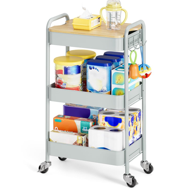 TOOLF TOOLF 3 Tier Rolling Cart Metal Utility Cart with Wheels  Wooden Top Diaper Organizer Cart Rolling Craft Storage Cart Serving Trolley Cart for Kitchen Office Bathroom Baby Nursery Green 