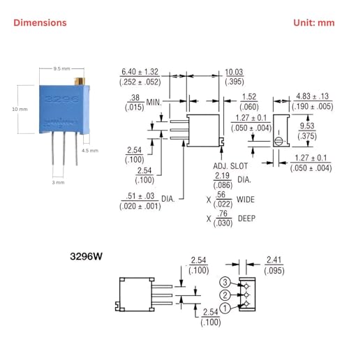 ElePak 3296W (50 Pcs) 12 Different Types of Trimmer Potentiometer Variable Resistor (100 ohm, 1000000 ohm ±10%) - Image 3