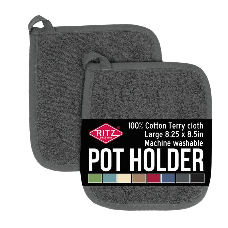 RITZ Terry Potholder  Hot Pad Heat Resistant Durable 100 Cotton  Ergonomically Designed for Optimal Grip EasyCare Machine Washable Perfect for Your Kitchen  Graphite 2Pack