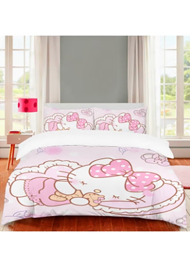 Cartoon Sanrio Hello Kitty pattern bedding three-piece set with soft microfiber polyester sheets including cover and two pillowcases (size 150cmX200cm)