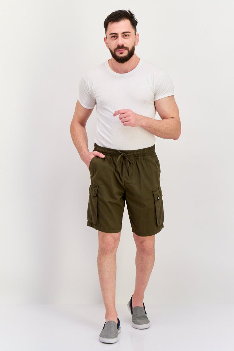 GOOD FOR NOTHING Men Drawstring Plain Cargo Shorts, Olive - Image 4