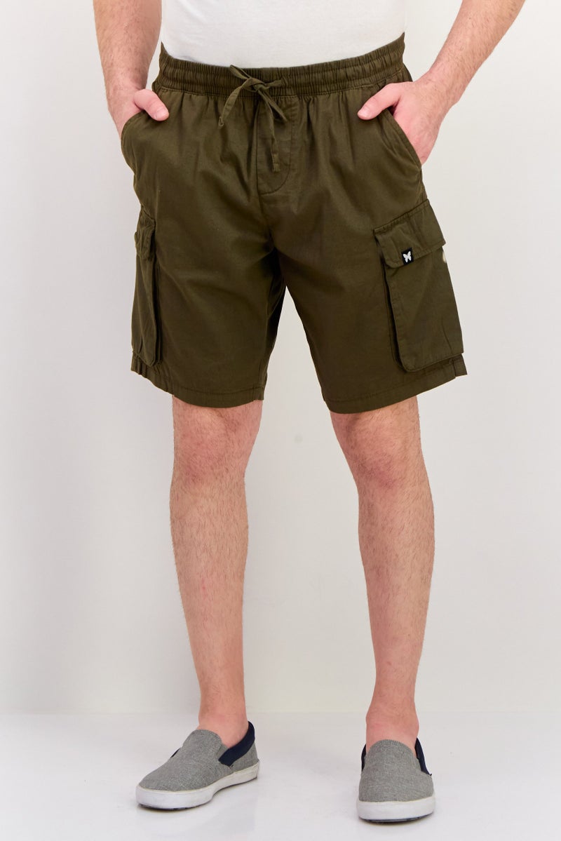 GOOD FOR NOTHING Men Drawstring Plain Cargo Shorts, Olive - Image 1