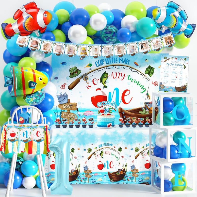 Fayoo Ofishally One First Birthday Decorations Gone Fishing 1st Birthday Party Supplies Our Little Man Is Ofishally Turning One Blue White Latex Balloons Theme Party Decorations for Baby Boy - Image 1