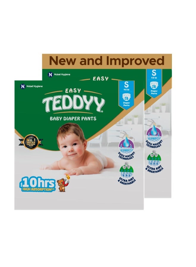 TEDDYY Easy Baby S Size Diaper Pant Style |78 Count (Small) | 3–8 kg (Pack of 2) | Long Protection Hours | Anti-Bacterial | Airy Breathable Fit | Rapid Soaker Channels with Wetness Indicator