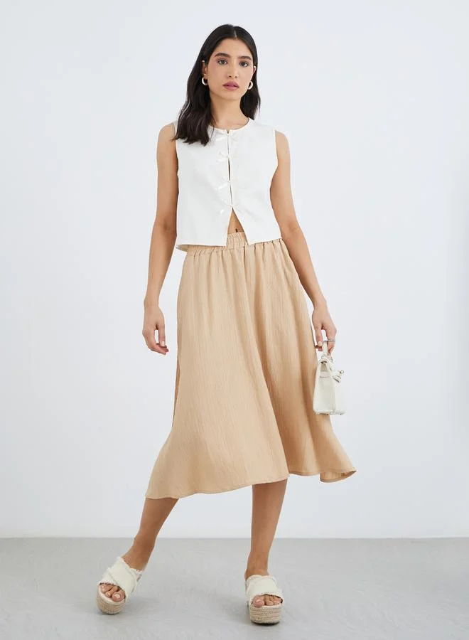 تايك تو Take Two Women Beige Textured A-Line Midi Skirt with Elasticated Waistband