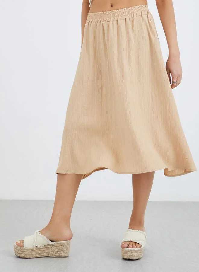 تايك تو Take Two Women Beige Textured A-Line Midi Skirt with Elasticated Waistband