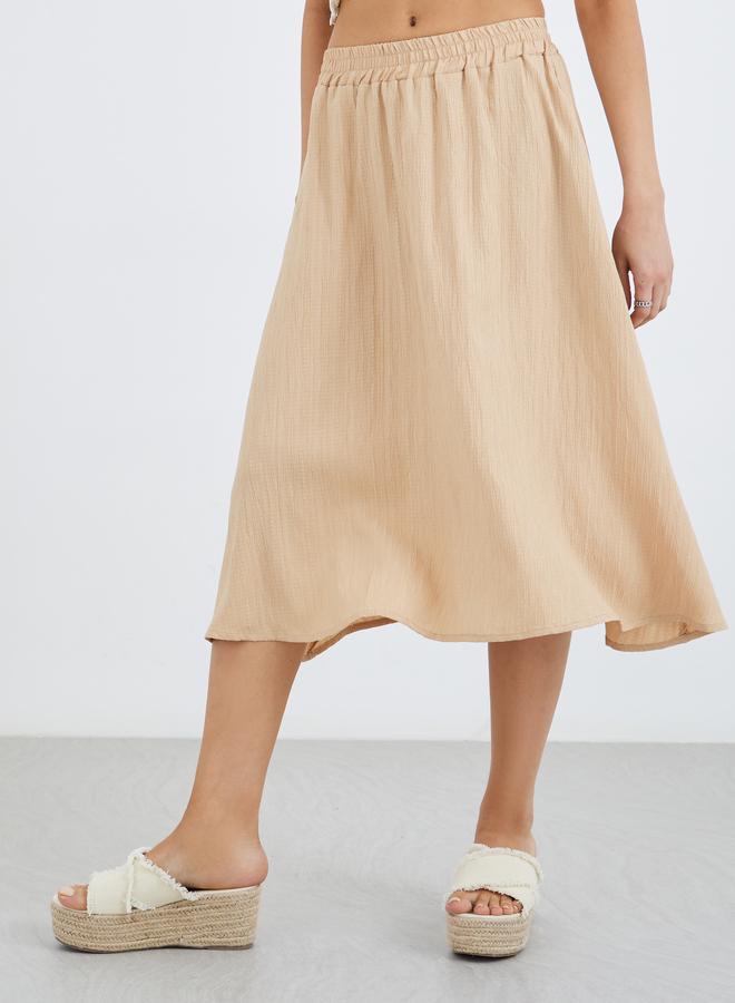 Take Two Women Beige Textured A-Line Midi Skirt with Elasticated Waistband - Image 2