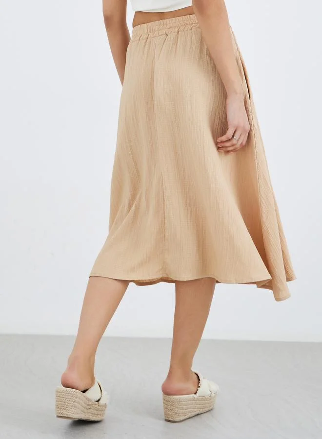 Take Two Take Two Women Beige Textured A-Line Midi Skirt with Elasticated Waistband