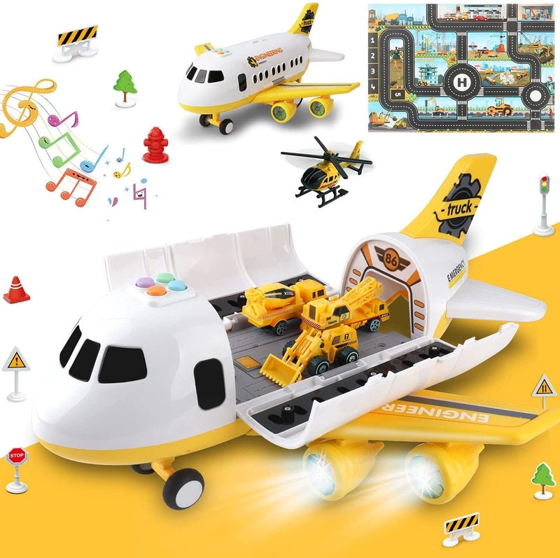Dwi Dowellin Construction Toy Airplane SetPlay MatExcavatorBulldozerMixerDumper TruckForkliftCraneAlloy Metal Car Toys for 3 4 5 6 Years Old Toddlers Kids Boys GirlsLarge
