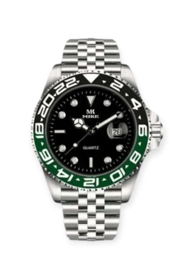 MIKE Pepsi Men's Watch, Waterproof, High Quality, Silver Bracelet with Black Dial 
