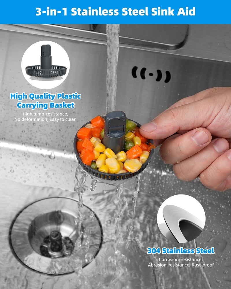 Hibbent Upgraded 3 in 1 Kitchen Sink Drain Strainer and Stopper Combo, Stainless Steel Metal Pop Up Sink Stopper, Anti-Clogging Basket with Foldable Handle for US Standard 3-1/2 Inch Drain - Image 2