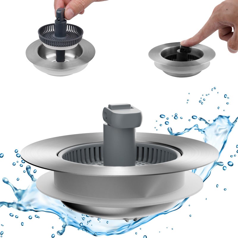 Hibbent Upgraded 3 in 1 Kitchen Sink Drain Strainer and Stopper Combo, Stainless Steel Metal Pop Up Sink Stopper, Anti-Clogging Basket with Foldable Handle for US Standard 3-1/2 Inch Drain - Image 1