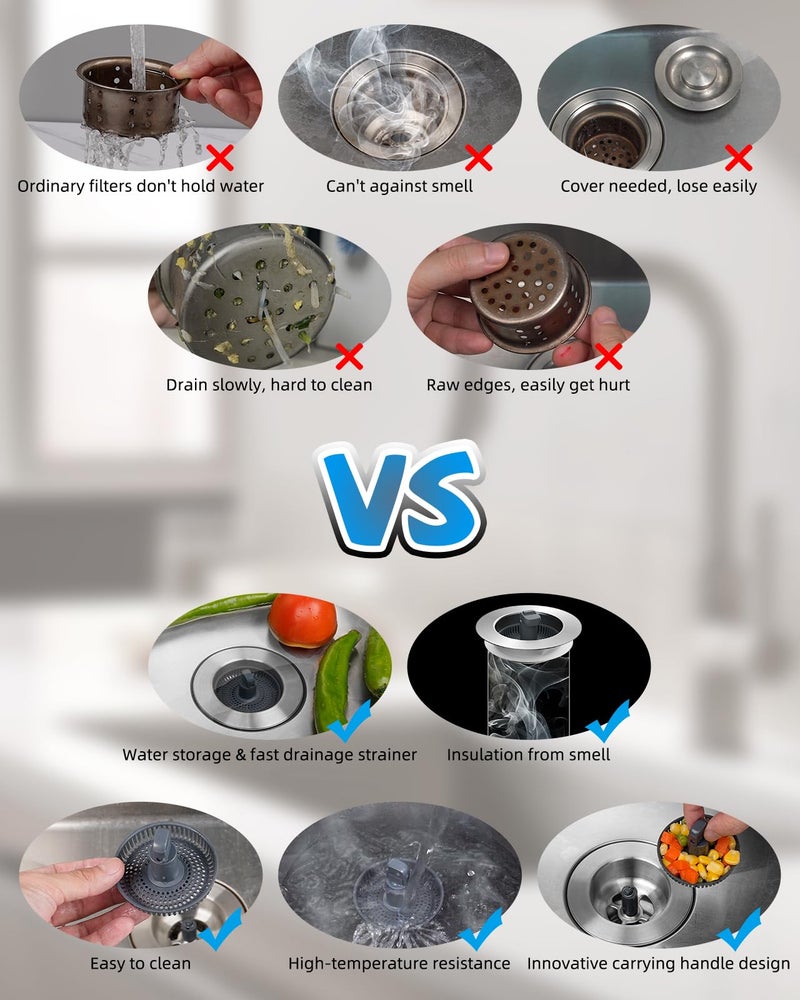 Hibbent Upgraded 3 in 1 Kitchen Sink Drain Strainer and Stopper Combo, Stainless Steel Metal Pop Up Sink Stopper, Anti-Clogging Basket with Foldable Handle for US Standard 3-1/2 Inch Drain - Image 4